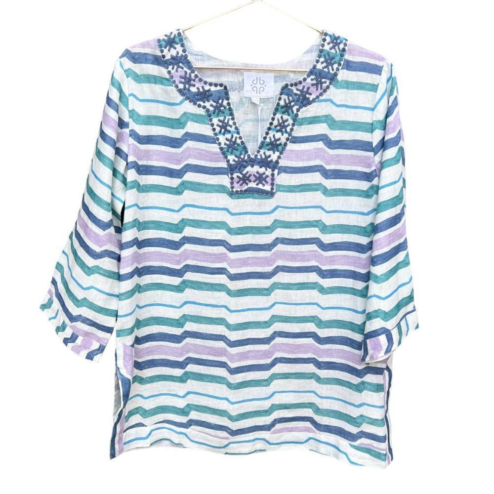 NWT Pomegranate Watercolor Stripe Blues Spilt Neck Embroidered 100% Linen Tunic